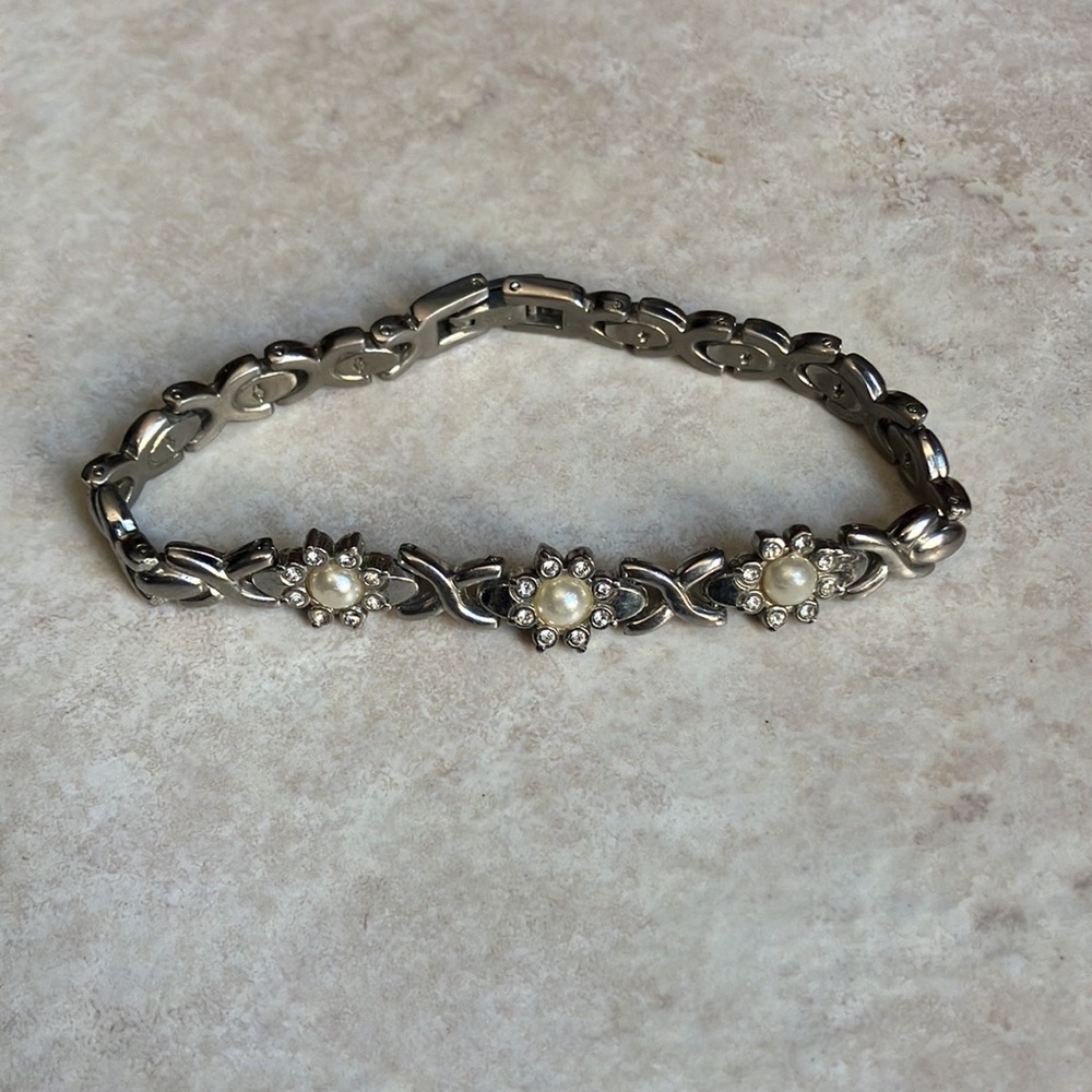 Faux Pearl and Rhinestone Tennis Bracelet